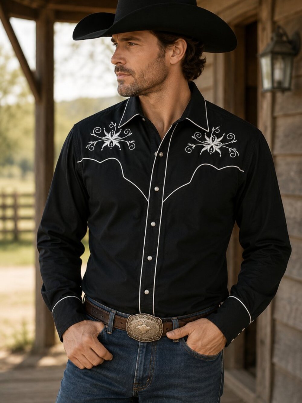 White Horse Men's Western Snap Shirt Black Embroidered Cowboy Large